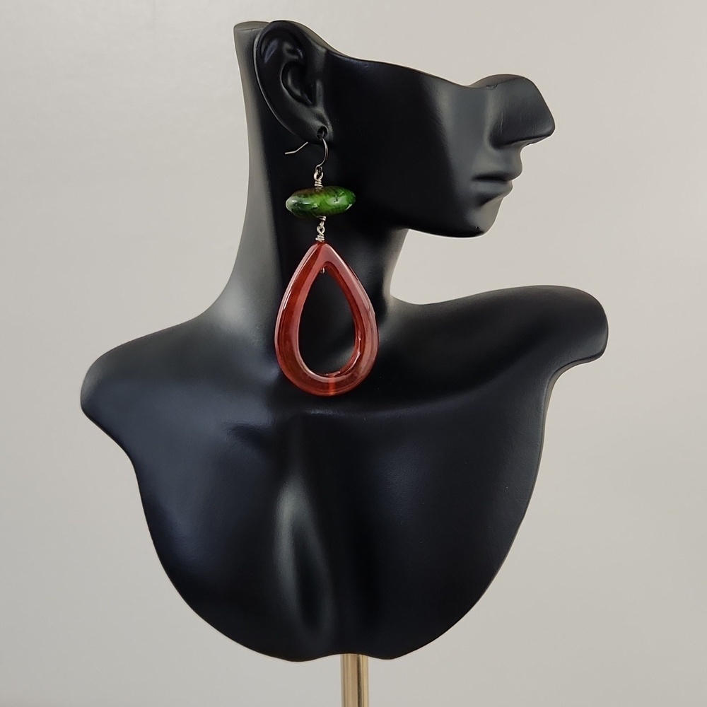 Boho Statement Dangle Earrings Brown Resin Teardrop Green Marbled Beads